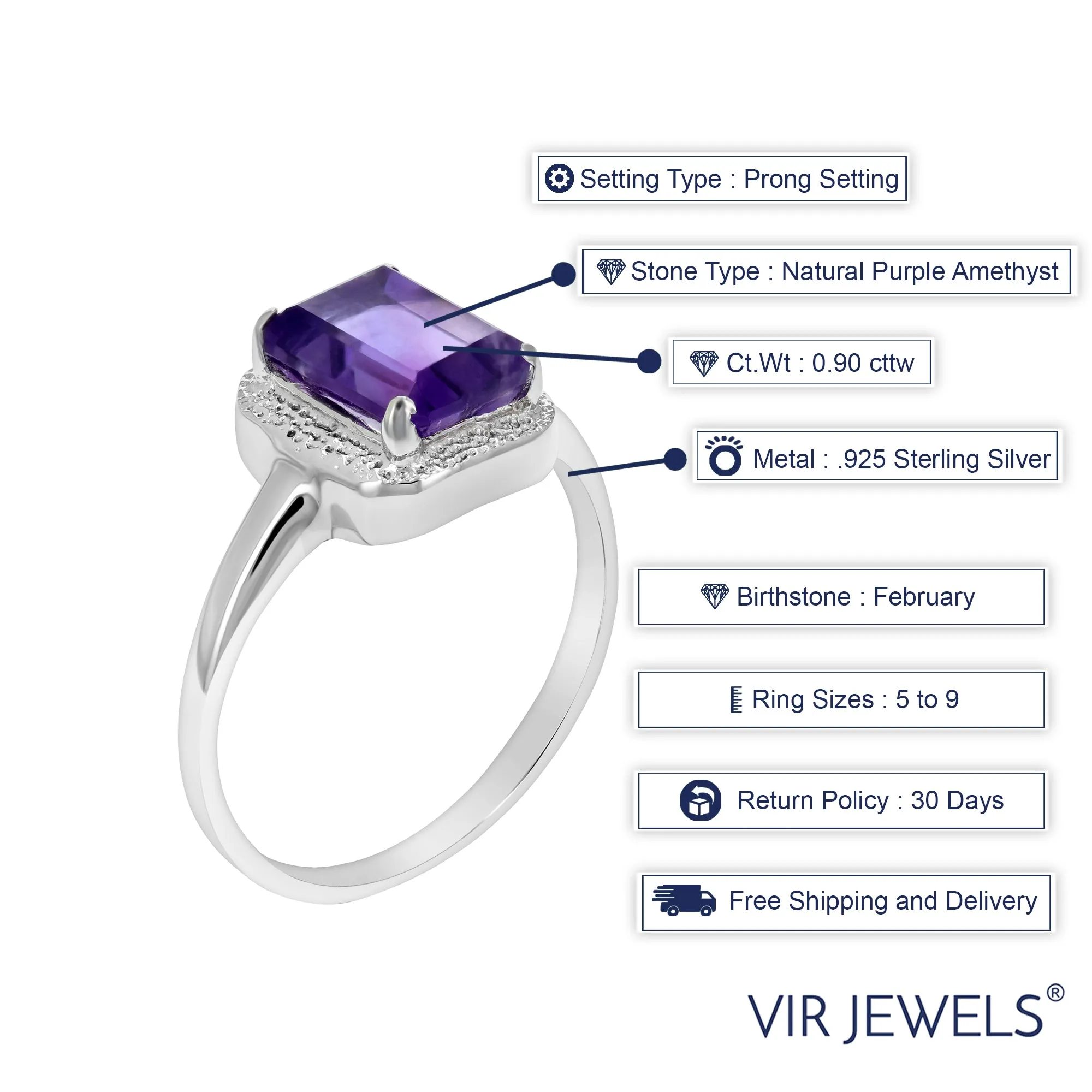 0.90 cttw Purple Amethyst Ring .925 Sterling Silver with Rhodium Emerald 8x6 MM