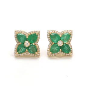 14K & 18K Gold Emerald and Diamond Clover Flower Stud Earrings