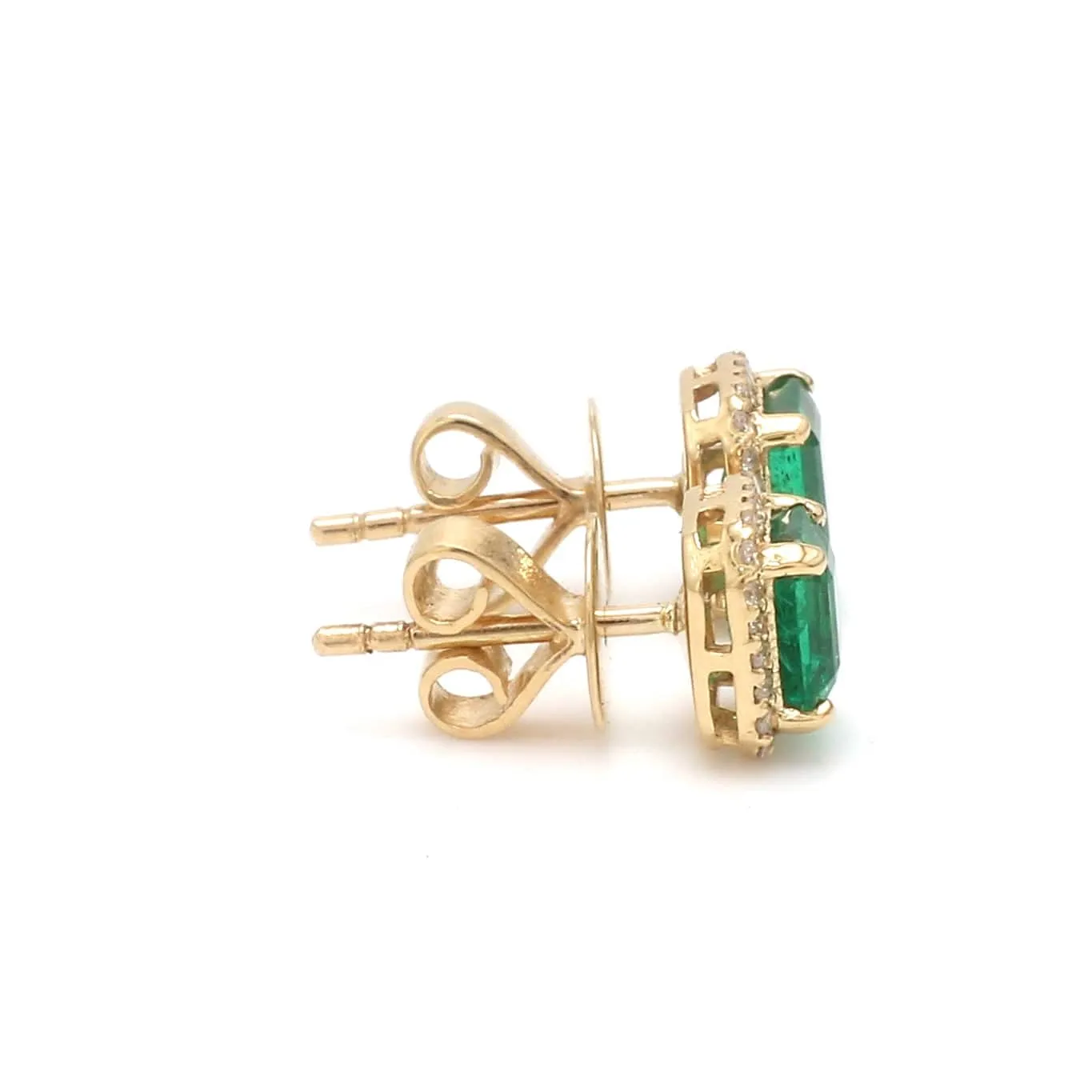 14K & 18K Gold Emerald and Halo Diamond Stud Earrings