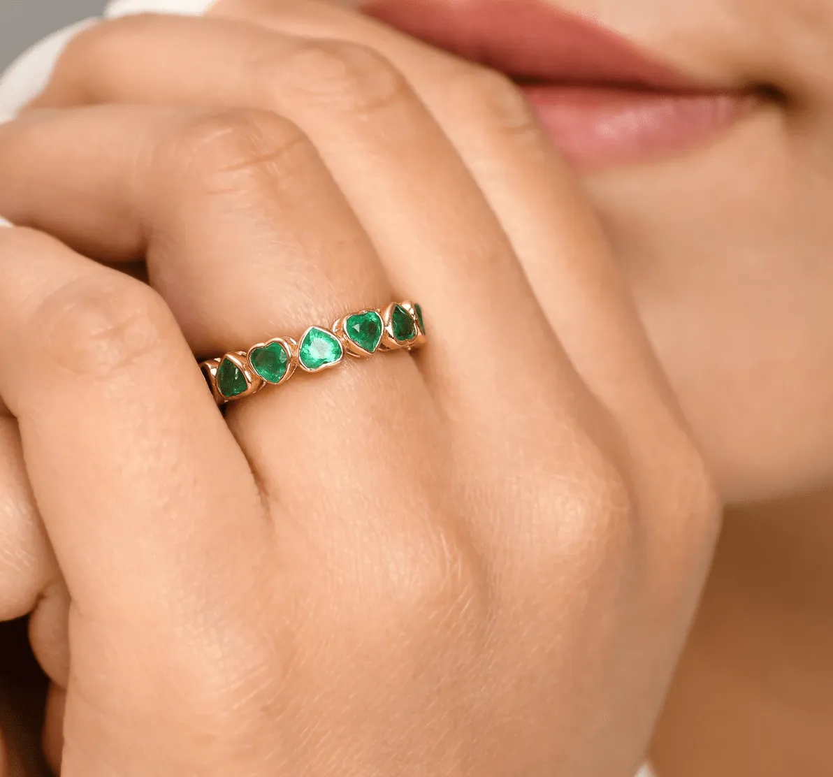 14K & 18K Gold Emerald Heart Eternity Band, Bezel Set