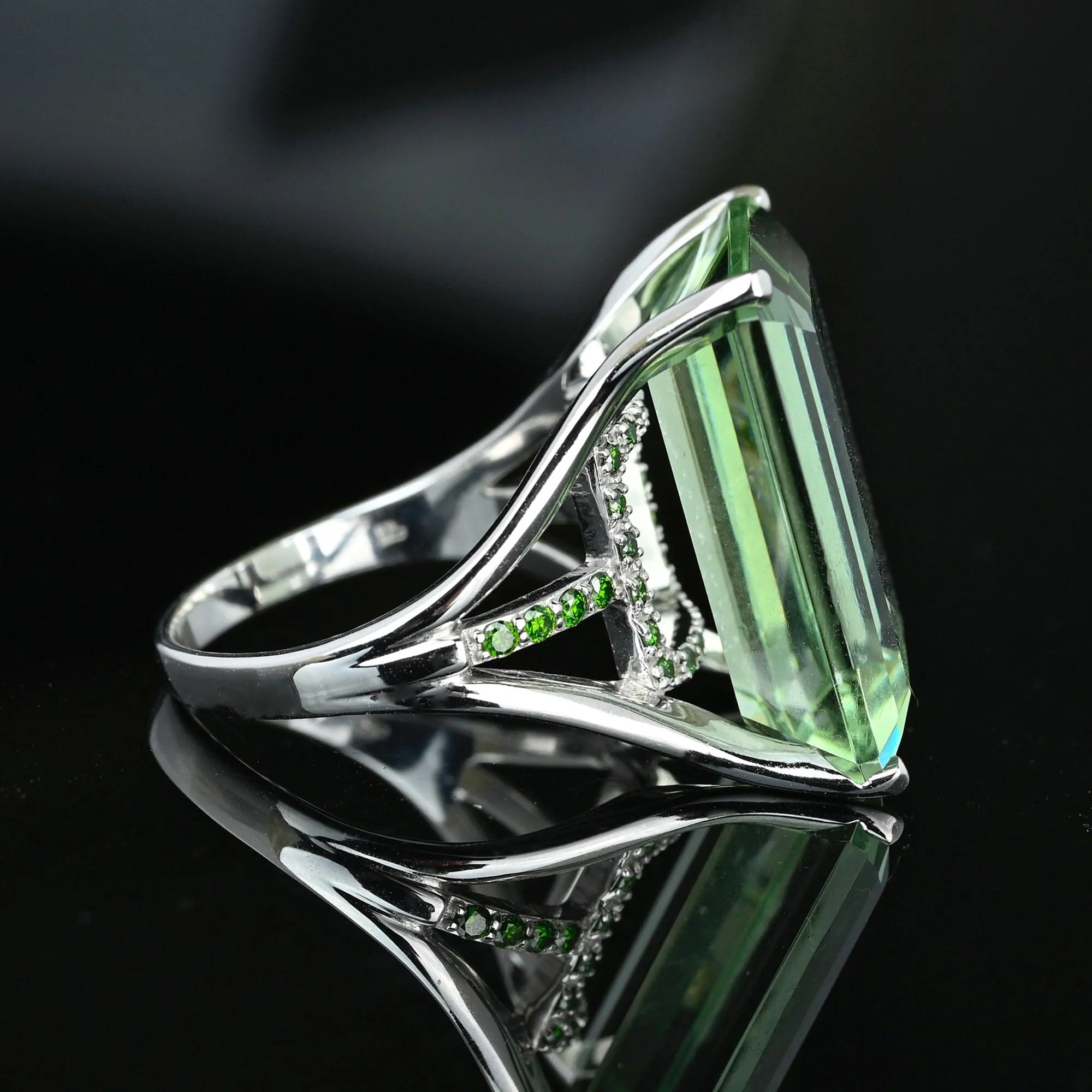 14K White Gold Green Diamond Underpass Prasiolite Ring