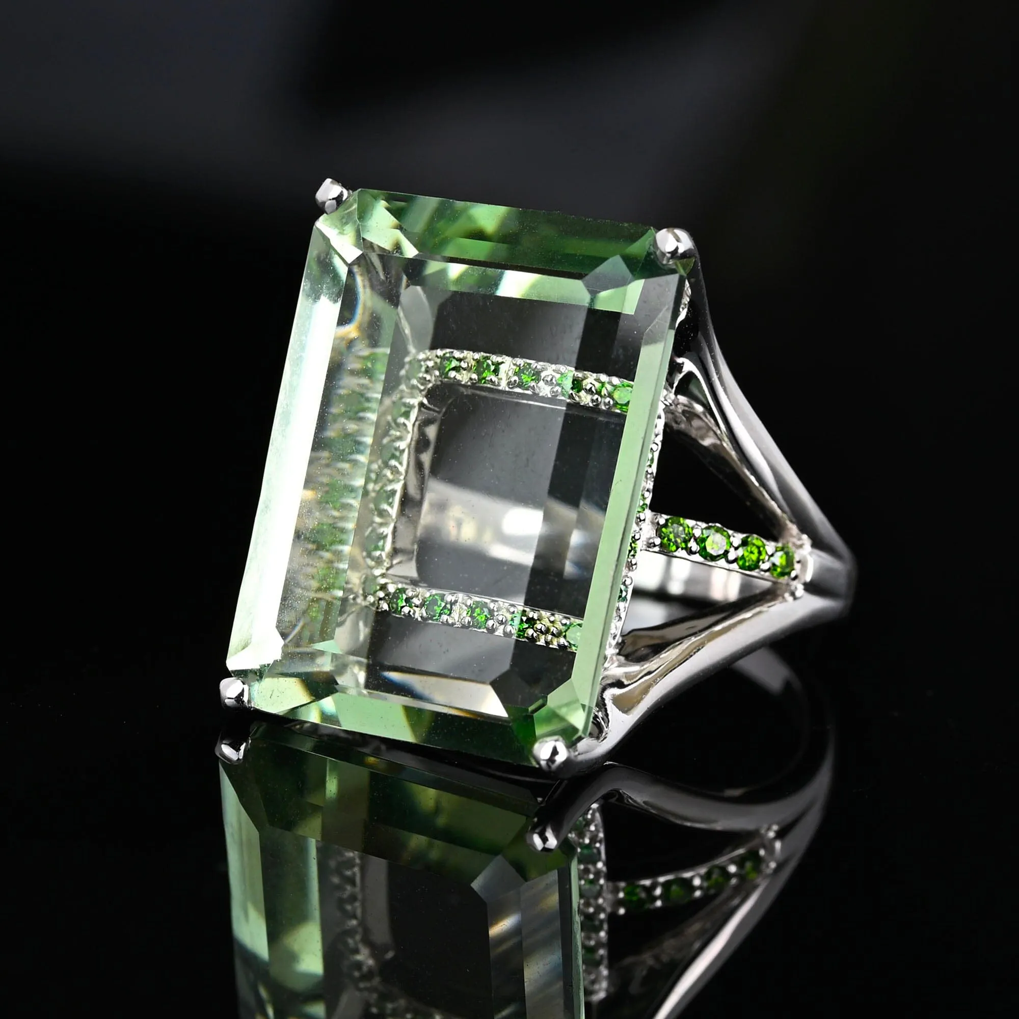 14K White Gold Green Diamond Underpass Prasiolite Ring