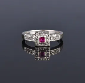 14K White Gold Ruby Diamond Halo Engagement Ring