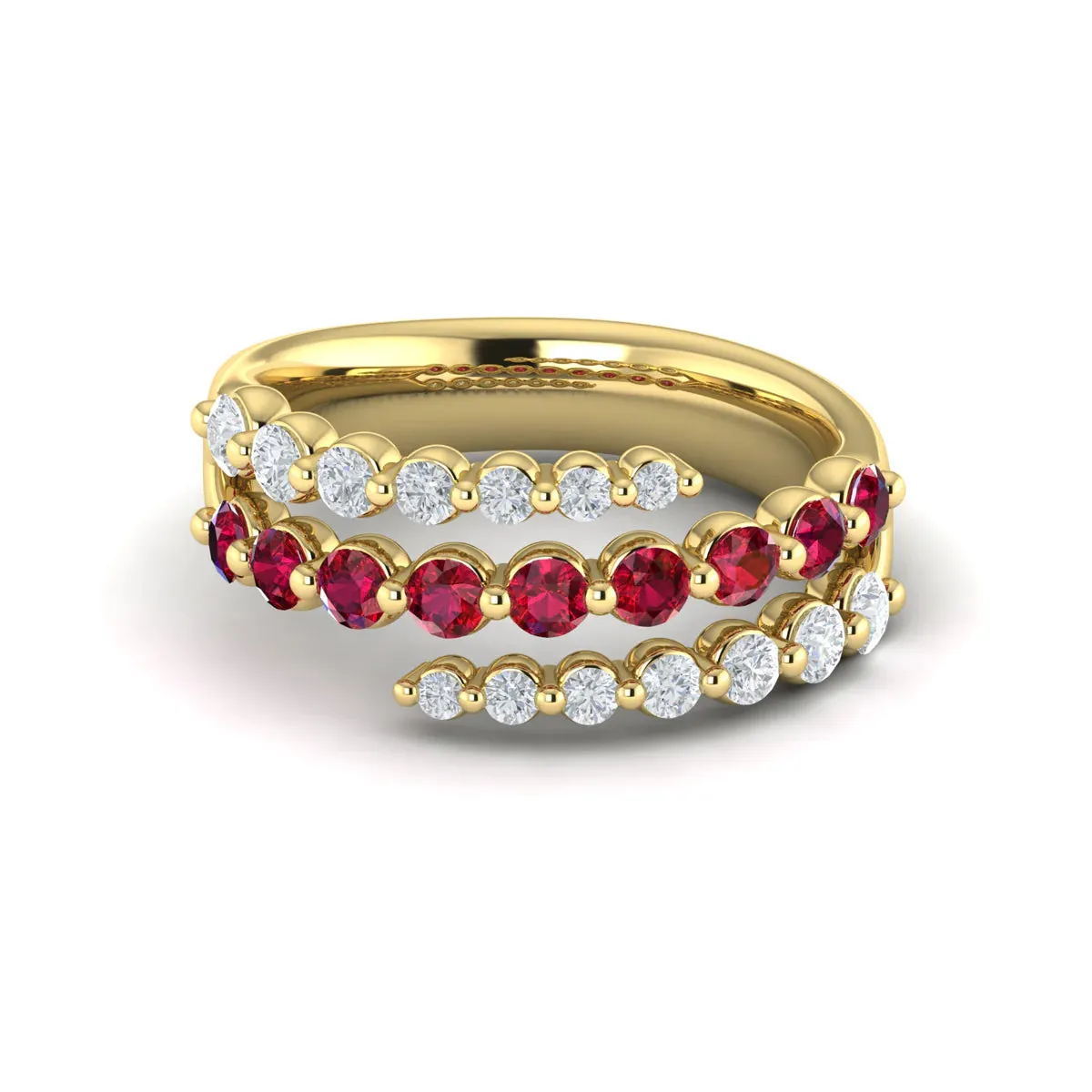 14K YELLOW GOLD TRIPLE ROW GRADUATED DIAMOND BYPASS RING WITH RUBIES AND DIAMONDS