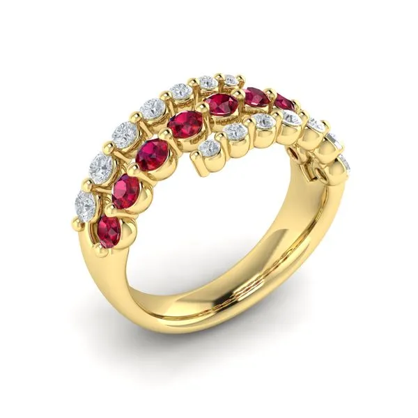 14K YELLOW GOLD TRIPLE ROW GRADUATED DIAMOND BYPASS RING WITH RUBIES AND DIAMONDS