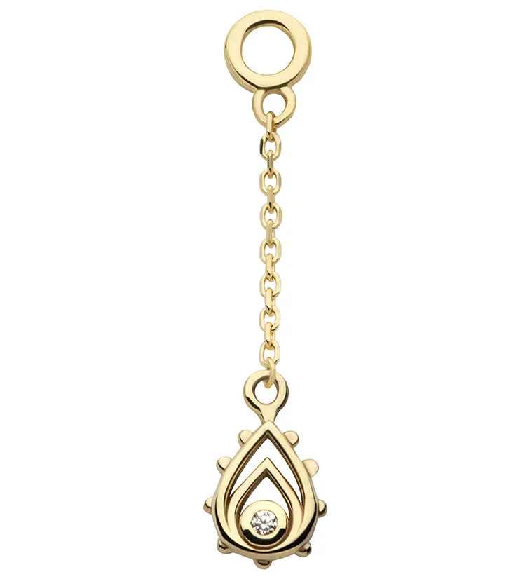 14kt Gold Dual Trace Teardrop Clear CZ Dangle Chain Charm