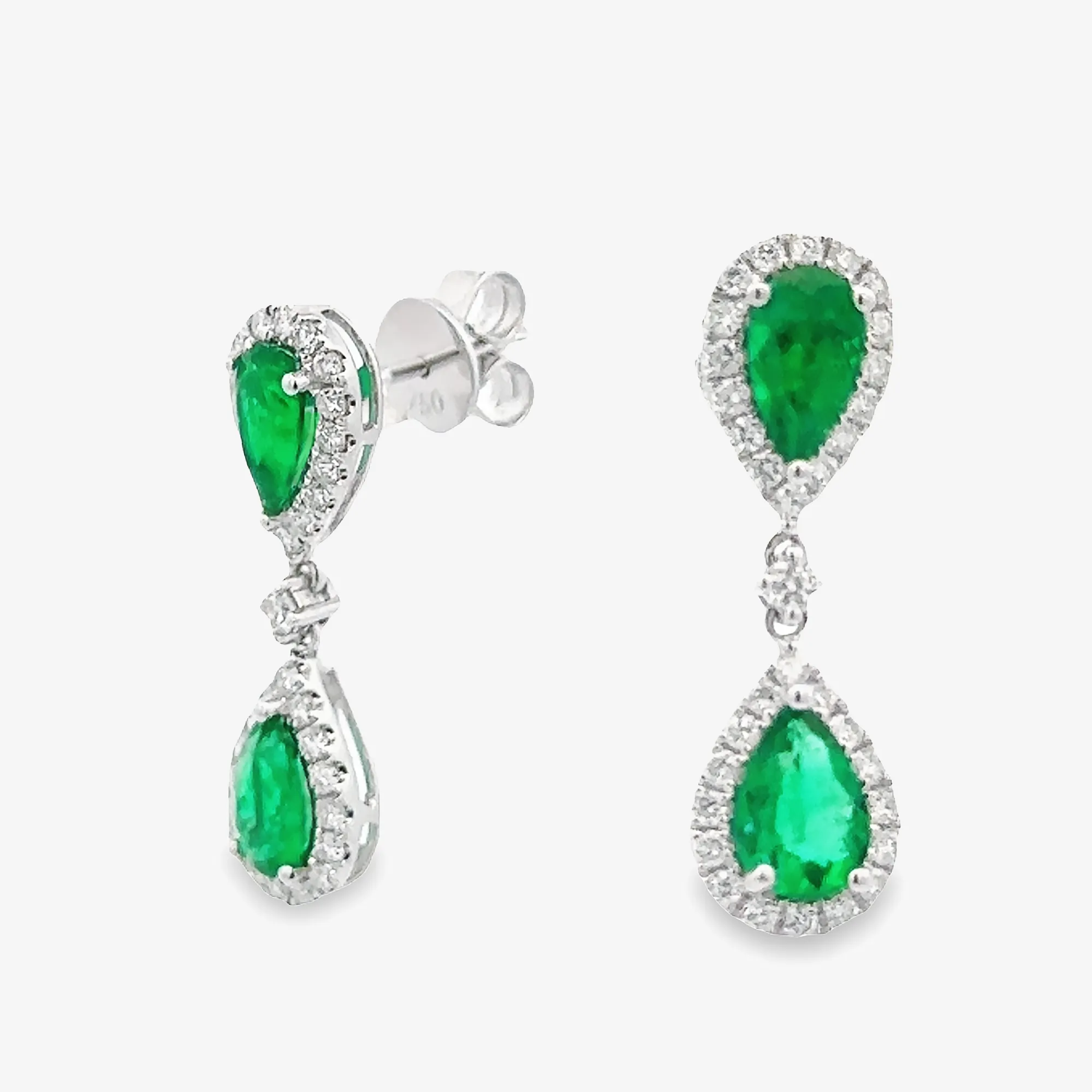 1.80CT Pear Shaped Emerald & Diamond Halo Dangle Earrings