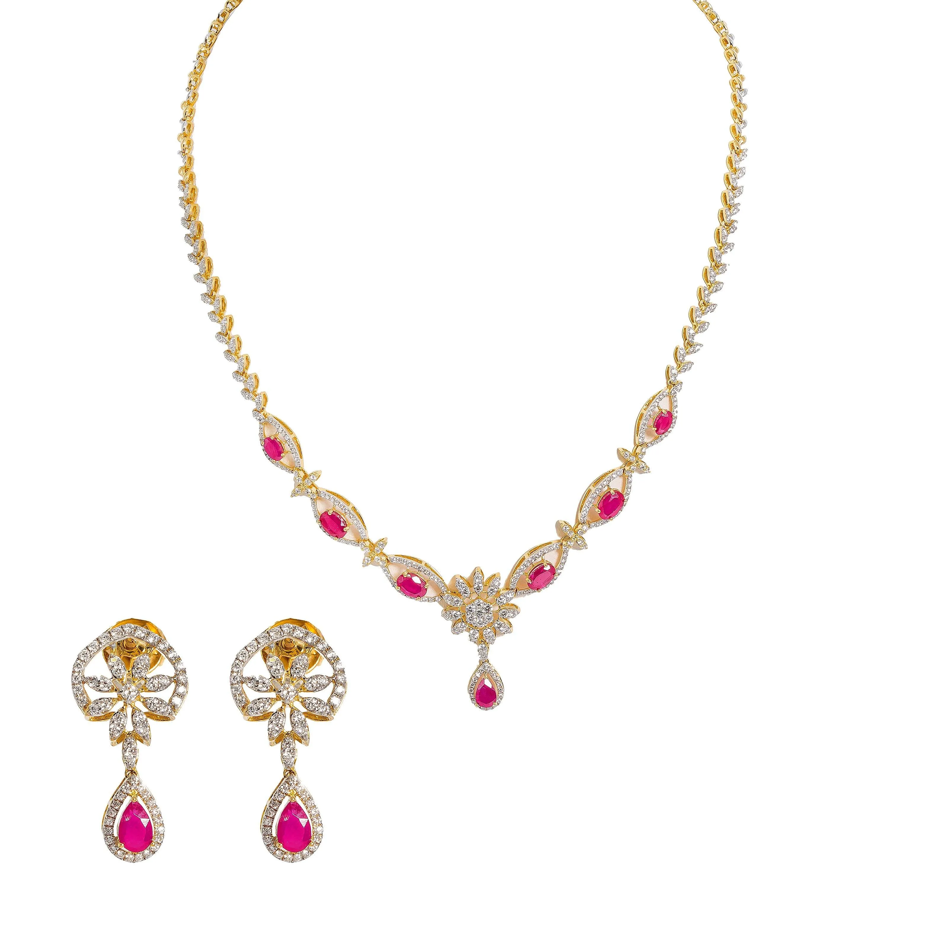 18K  Multi Tone Gold Diamond Necklace & Earrings Set W/ VVS Diamonds, Rubies & Eyelet Chain