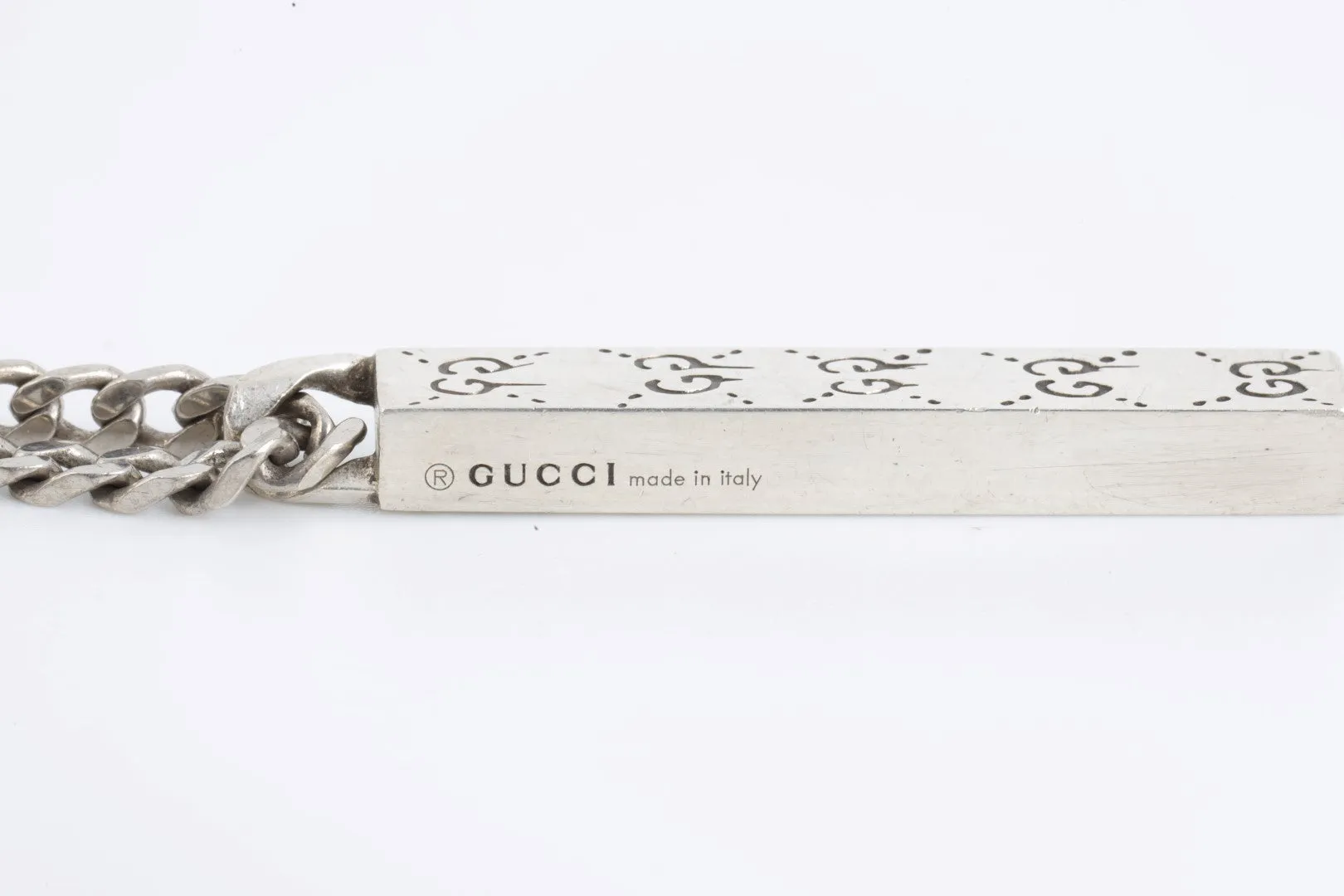 20" Gucci 925 Silver Ghost Bar "GG" Logo Pendant Necklace (32.67g.)