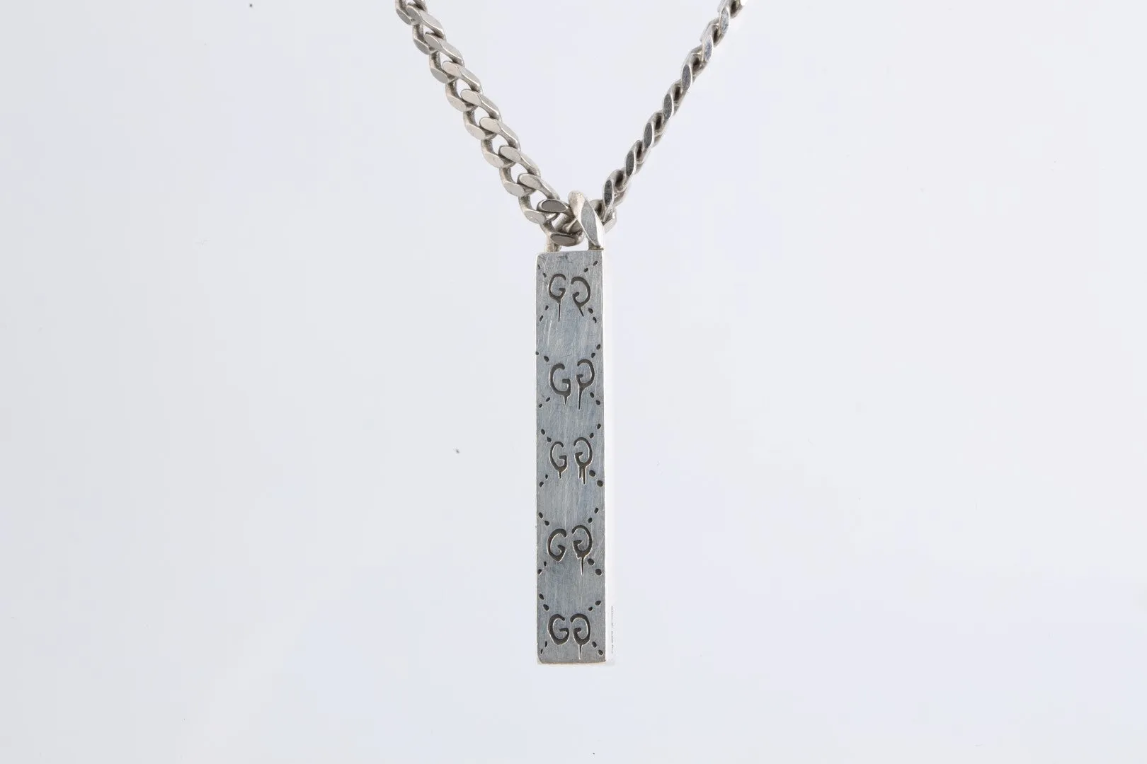 20" Gucci 925 Silver Ghost Bar "GG" Logo Pendant Necklace (32.67g.)