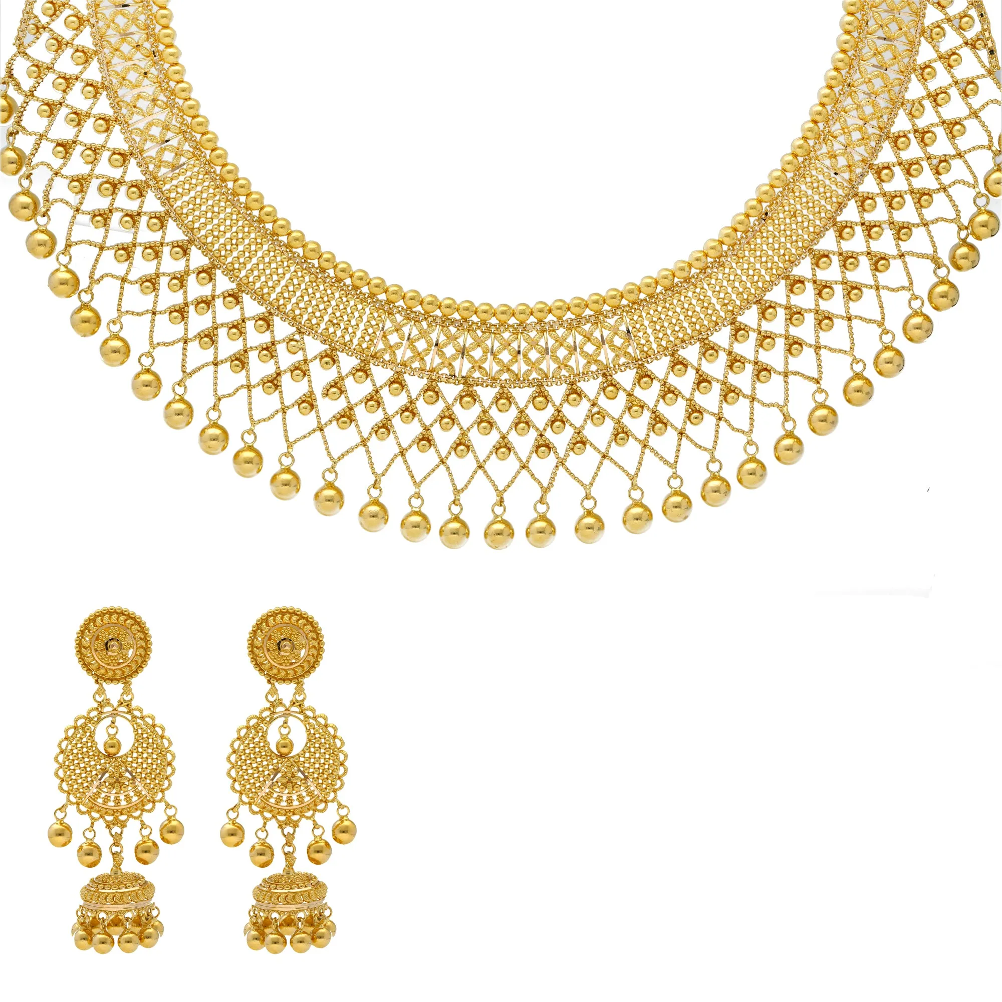 22K Yellow Gold Beaded Filigree Necklace Set (88gm)