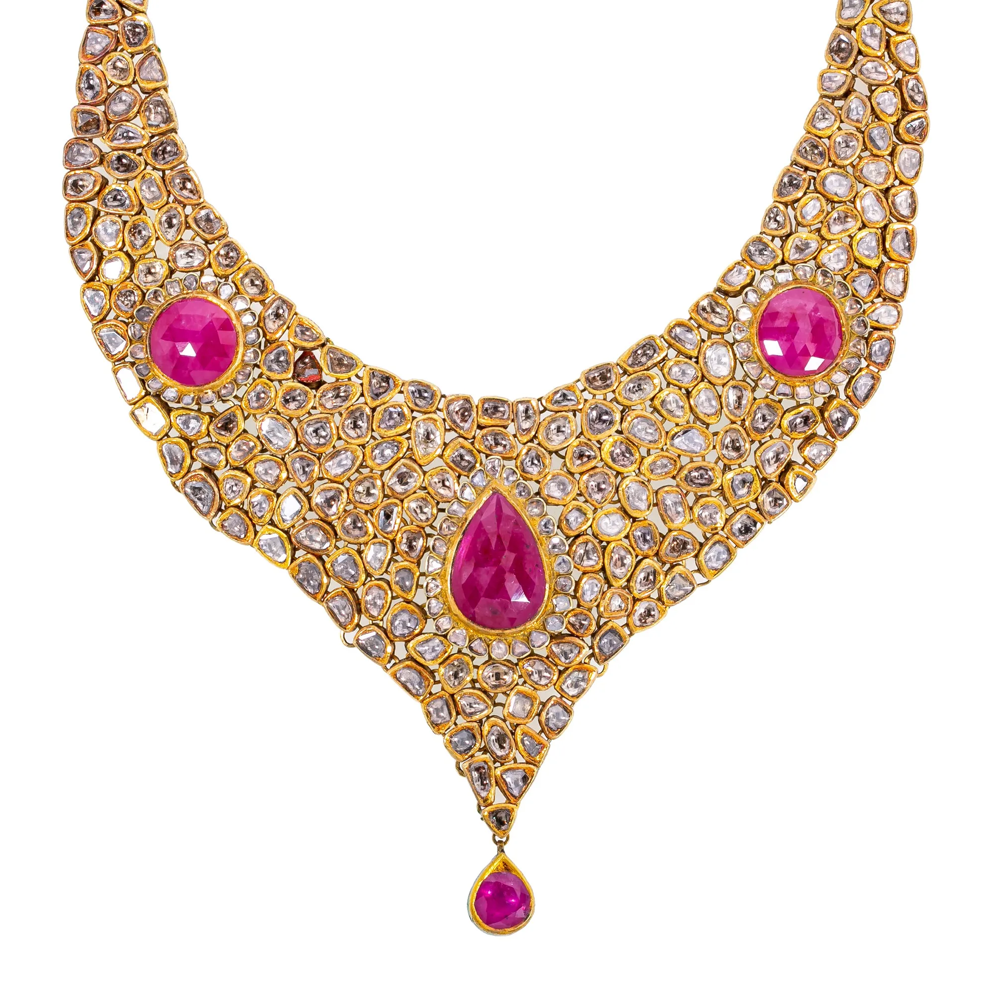 22K Yellow Gold Diamond & Ruby Polki Jewelry Set (273.6gm)