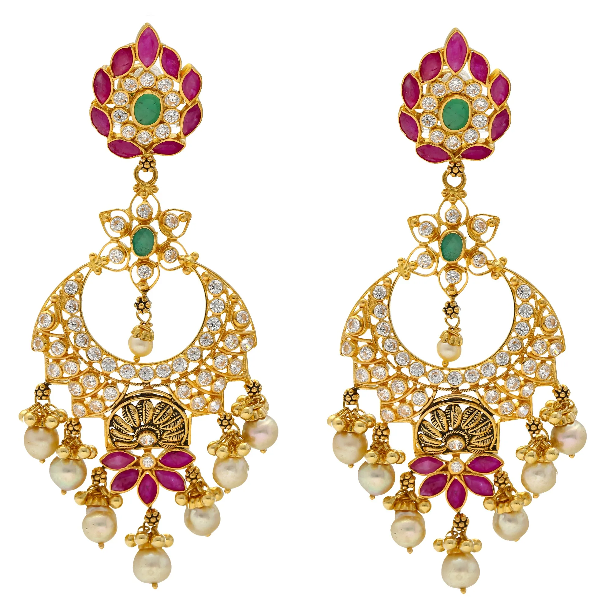 22K Yellow Gold Jeweled Chandbali Earrings (25.8gm)