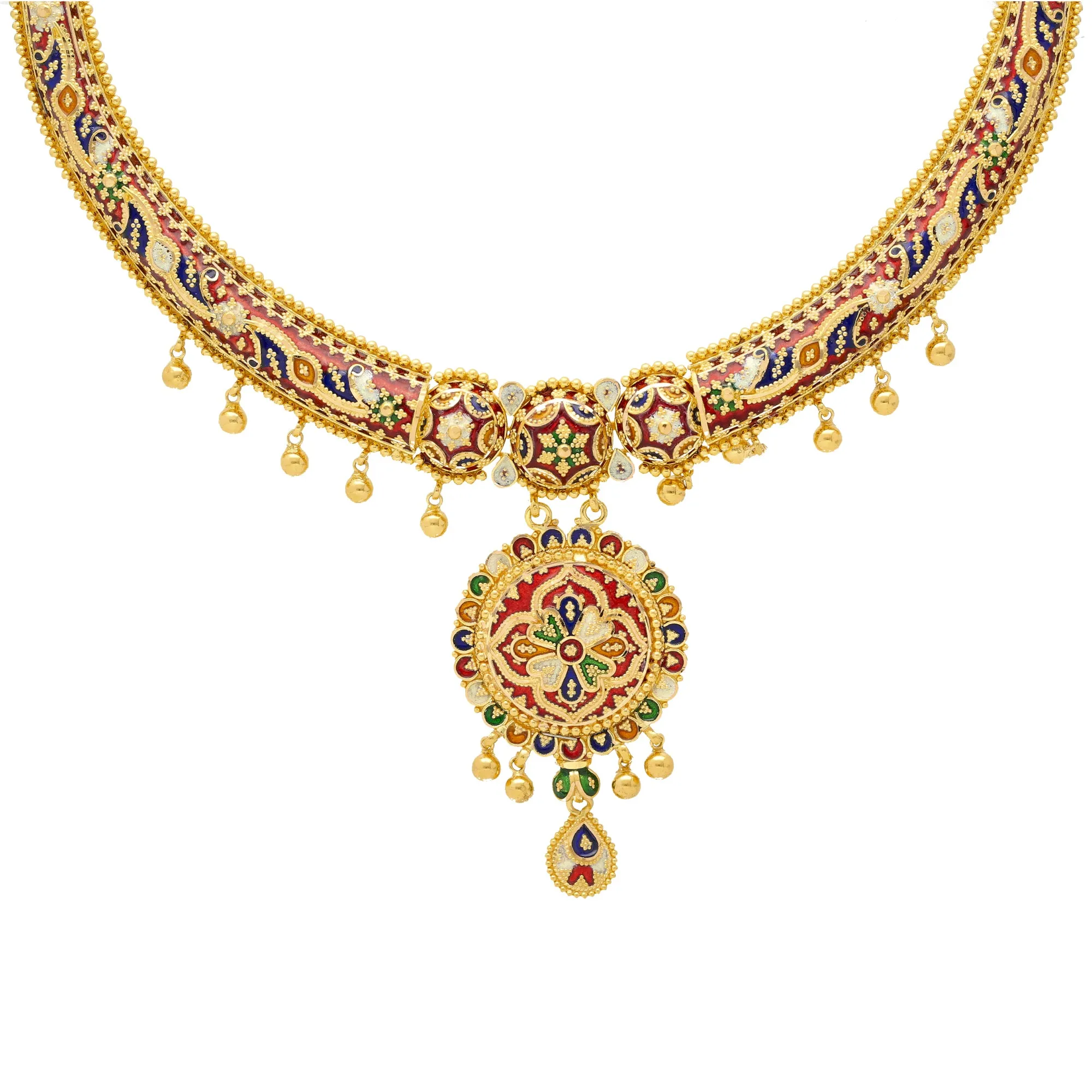 22K Yellow Gold Meenakari Pendant Set (67.8gm)