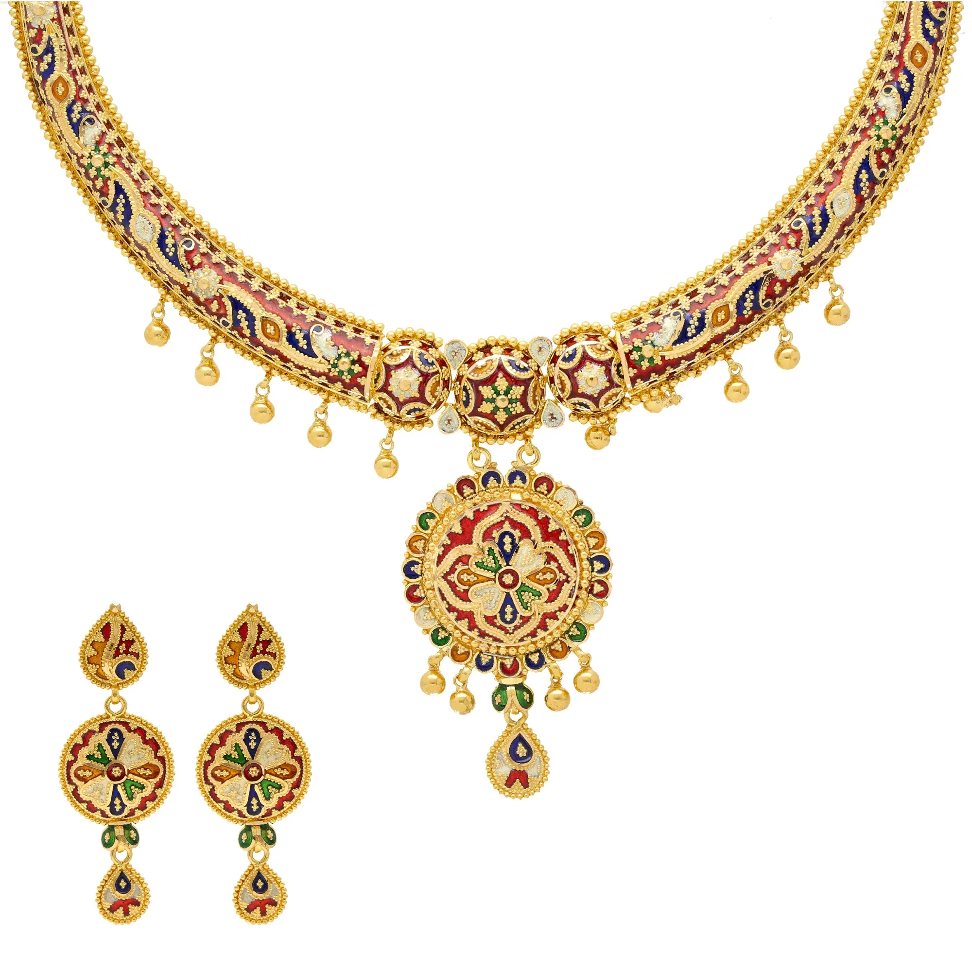 22K Yellow Gold Meenakari Pendant Set (67.8gm)