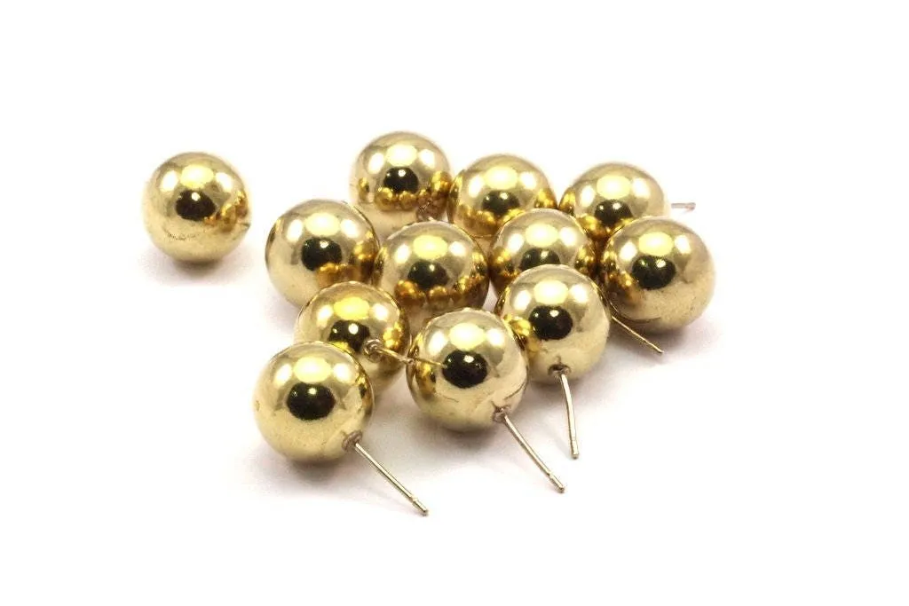 6 Raw Brass Ball - Stainless Steel Earring Posts 14mm Ear Studs Bs 1075--n0561