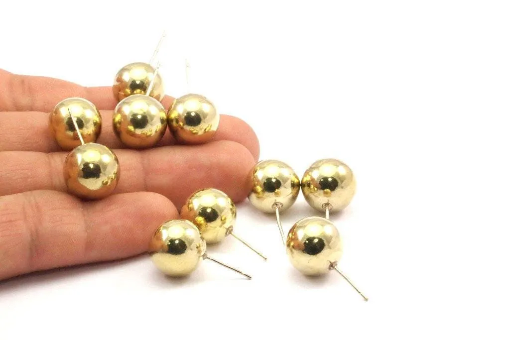 6 Raw Brass Ball - Stainless Steel Earring Posts 14mm Ear Studs Bs 1075--n0561