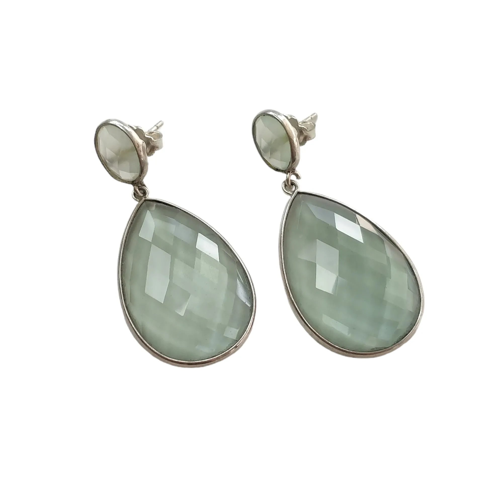 925 Sterling Silver Earring : 13.00gms Rhinestone Checker Cut Pear Drop Dangle Bezel Set Push Back Earring 1.85"