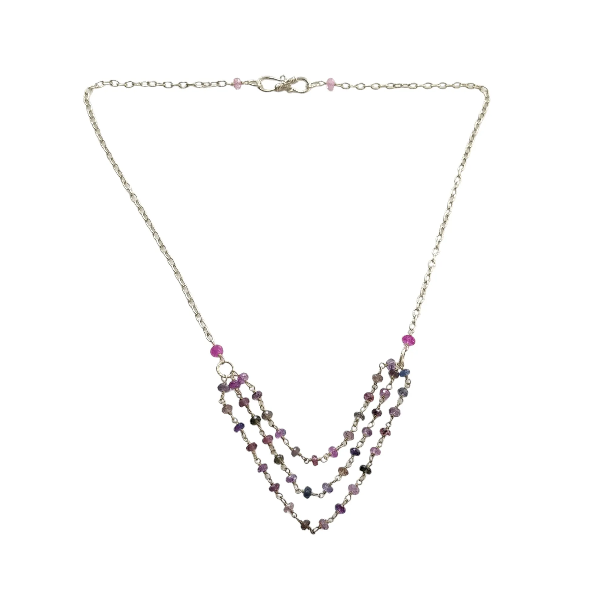 925 Sterling Silver Multi Sapphire Gemstones Beads Chain NECKLACE : 5.75gms Natural Sapphire Round Cut Faceted Beaded 3 Step Necklace 17"