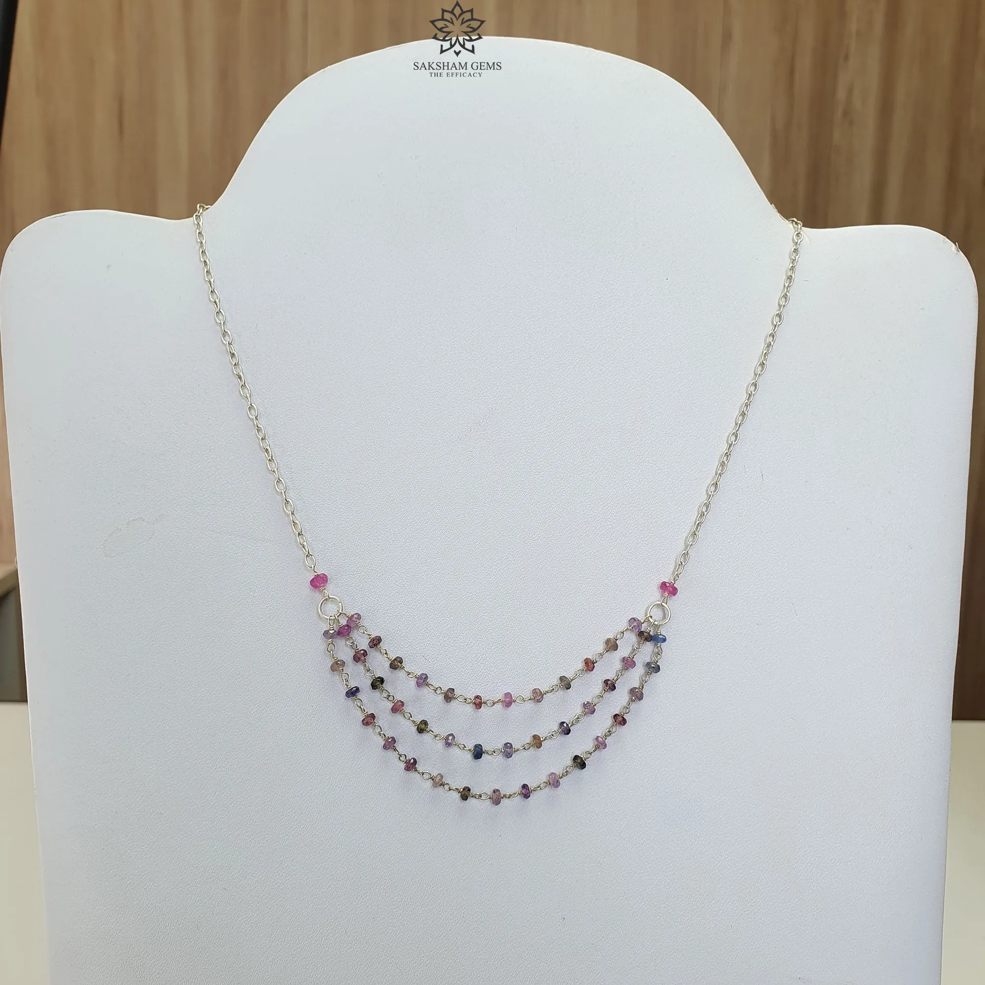 925 Sterling Silver Multi Sapphire Gemstones Beads Chain NECKLACE : 5.75gms Natural Sapphire Round Cut Faceted Beaded 3 Step Necklace 17"