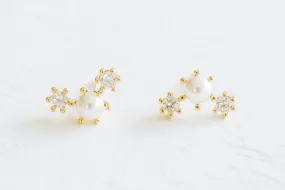 925 Sterling Silver Simulated Pearl Cz Snowflake Ear Studs Post Earrings