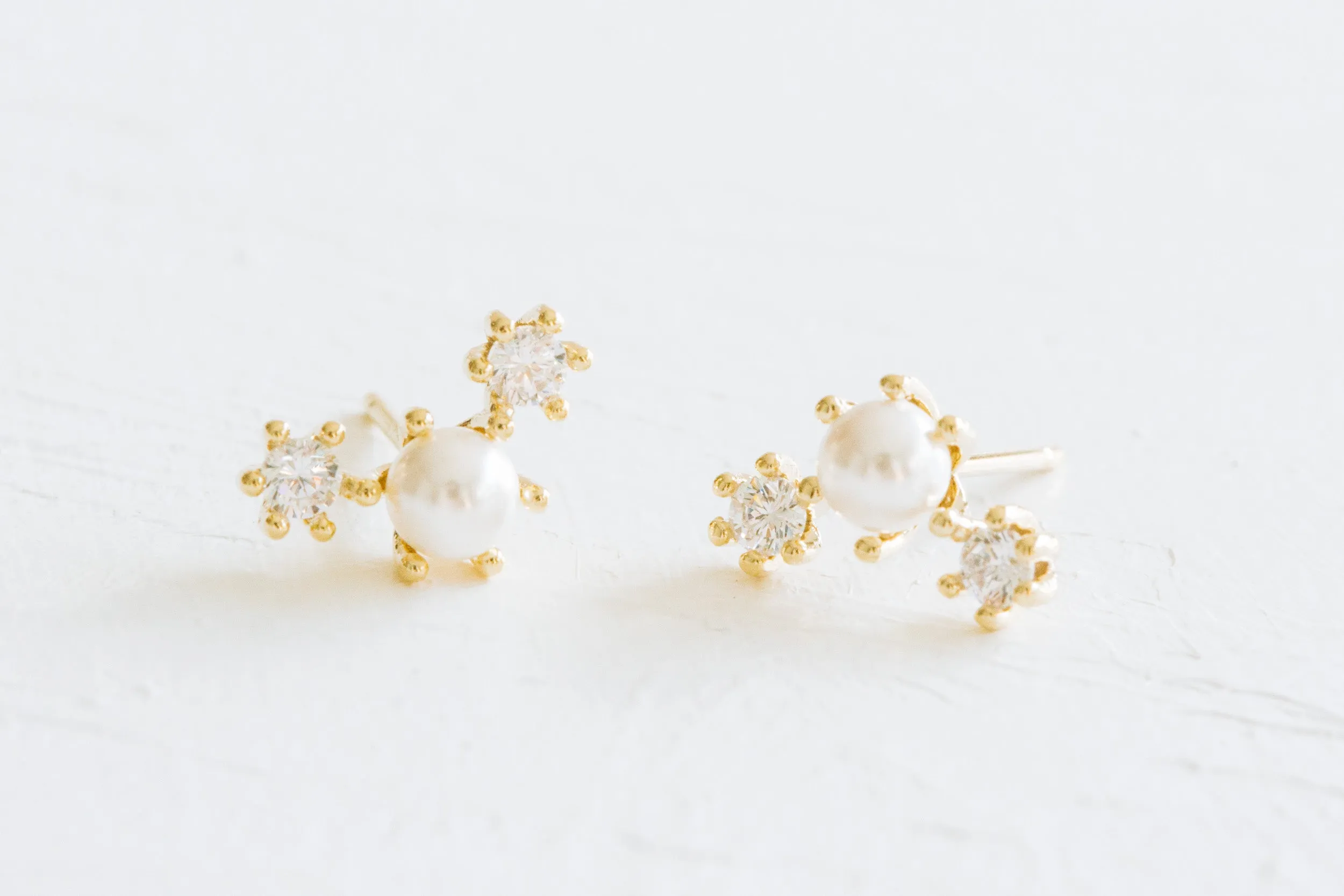 925 Sterling Silver Simulated Pearl Cz Snowflake Ear Studs Post Earrings