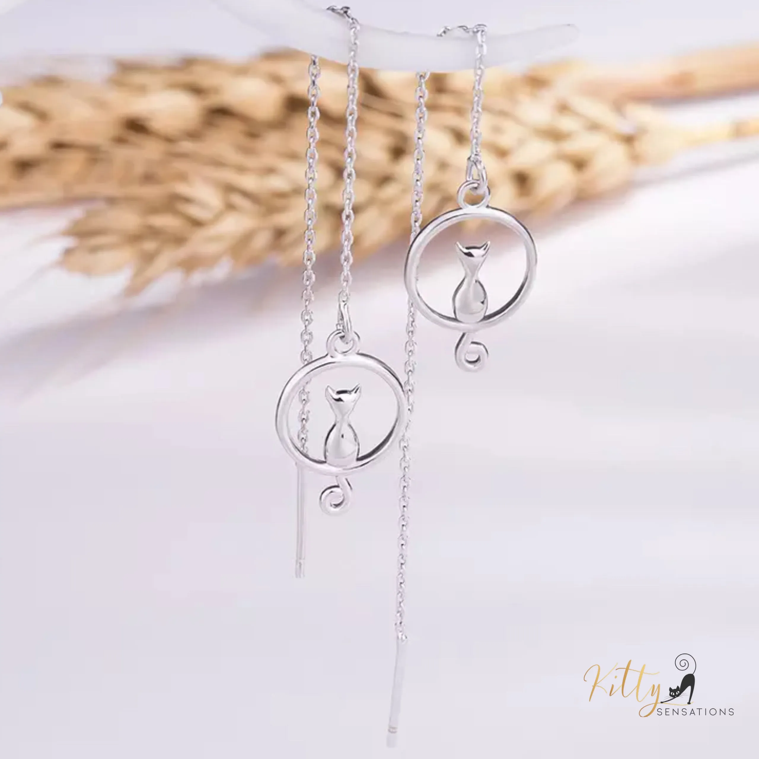 Adjustable Length Moon Kitty Tassel Earrings (White Gold Plated)