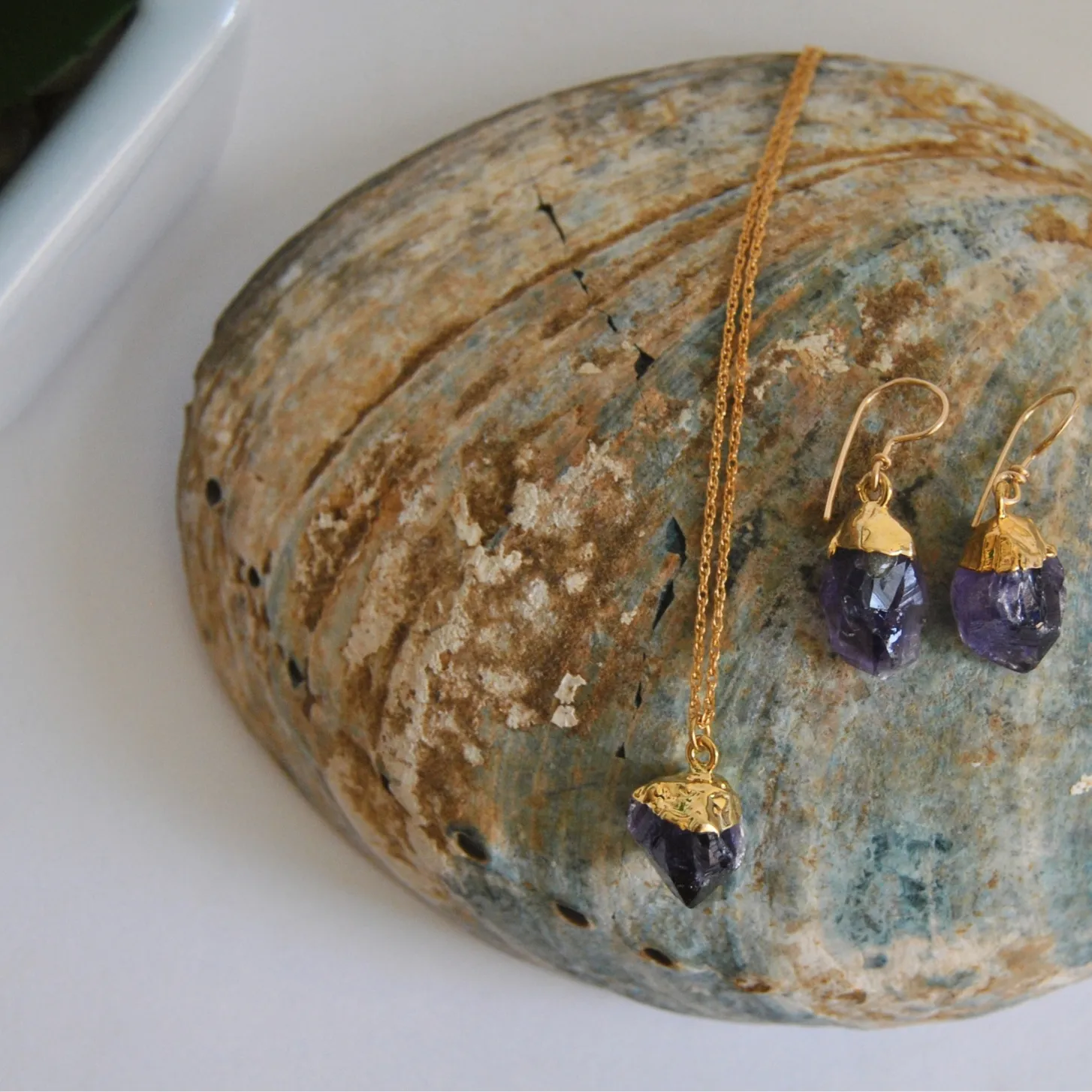 Amethyst Crystal Earrings dipped in Gold