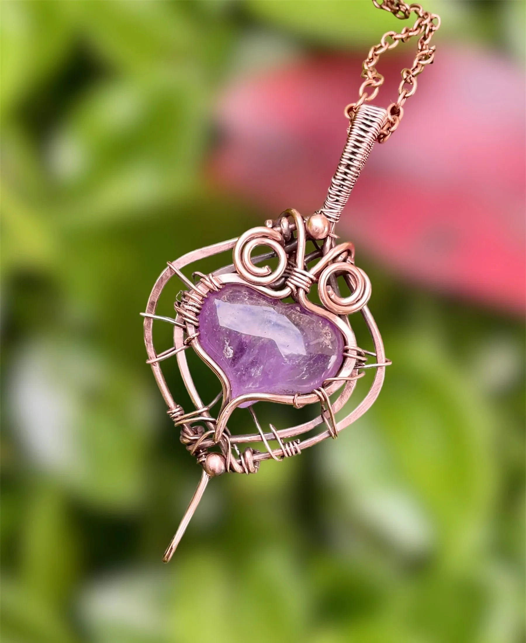 Amethyst Puffy Heart Wire Wrapped Pendant