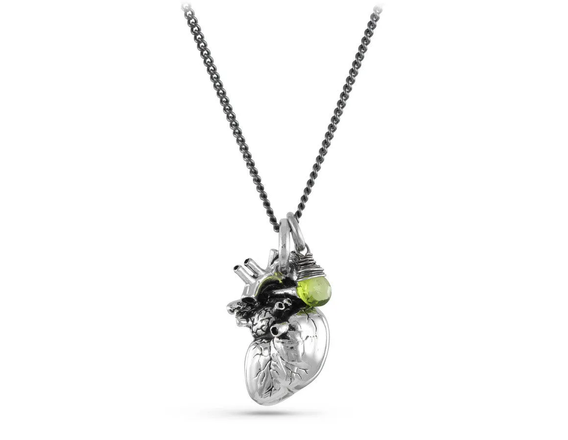 Anatomical Heart Necklace with Peridot - Silver