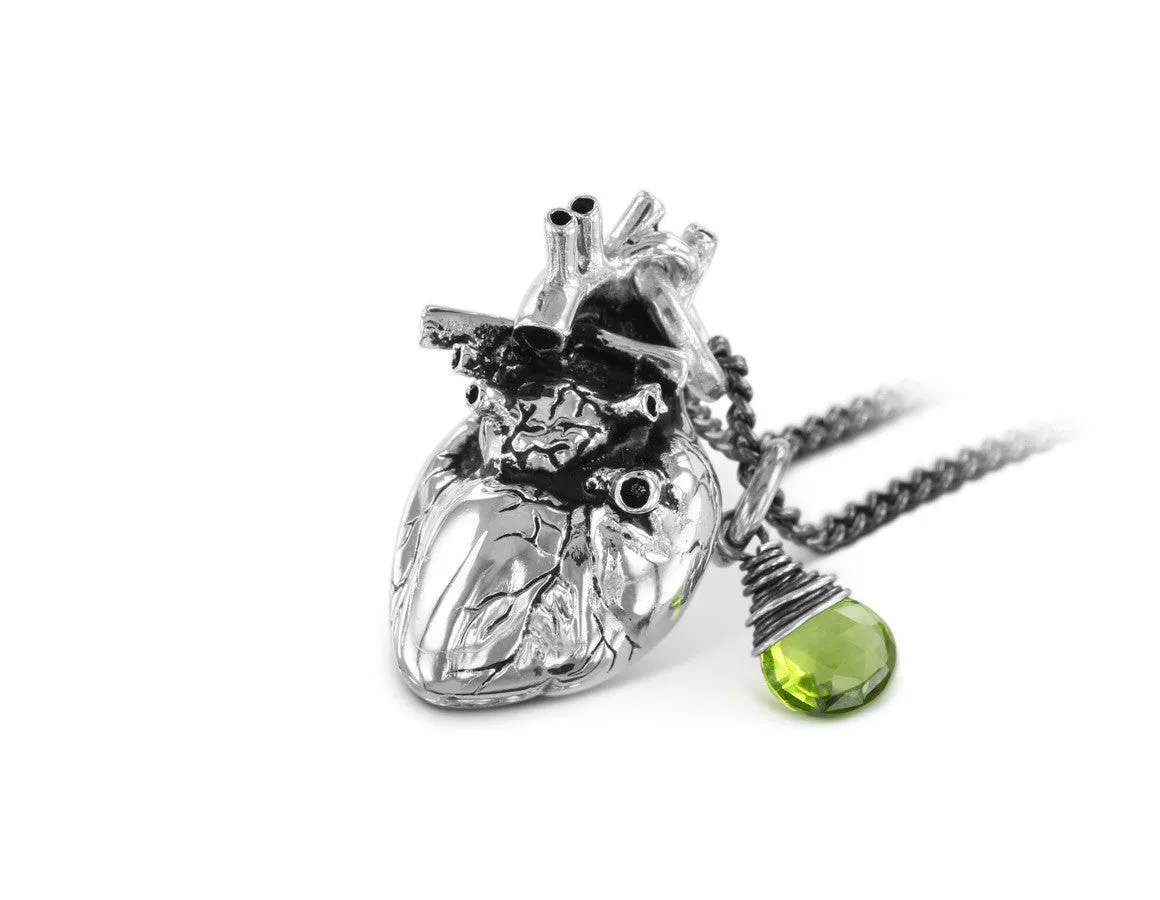 Anatomical Heart Necklace with Peridot - Silver