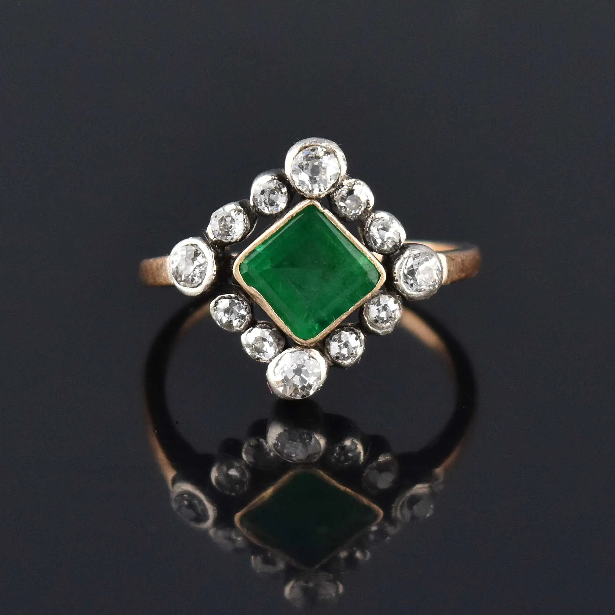 Antique Diamond Halo Emerald Ring in 14K Gold ON HOLD