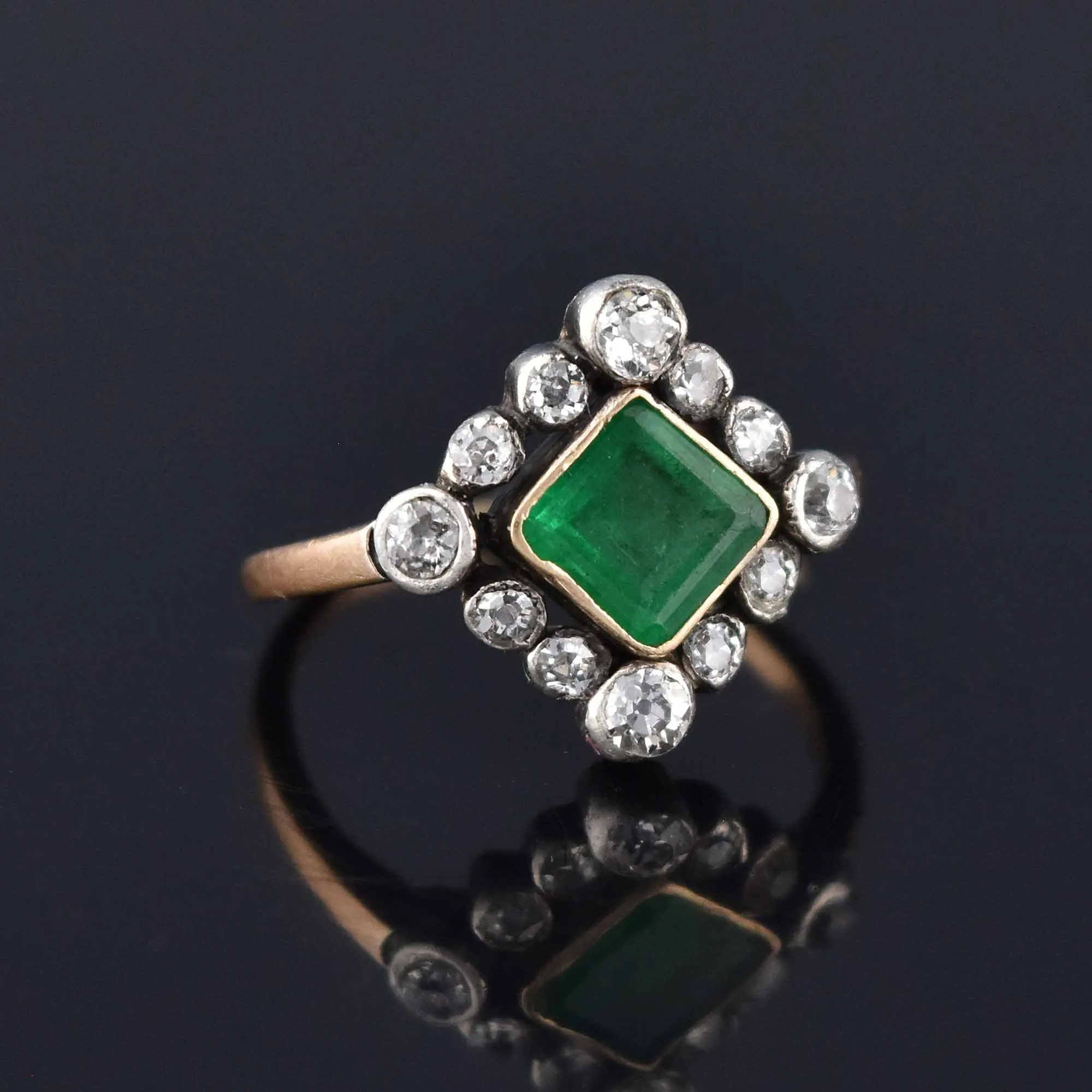 Antique Diamond Halo Emerald Ring in 14K Gold ON HOLD