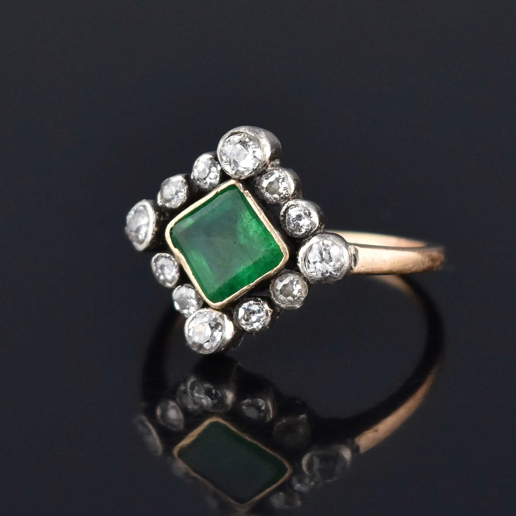 Antique Diamond Halo Emerald Ring in 14K Gold ON HOLD