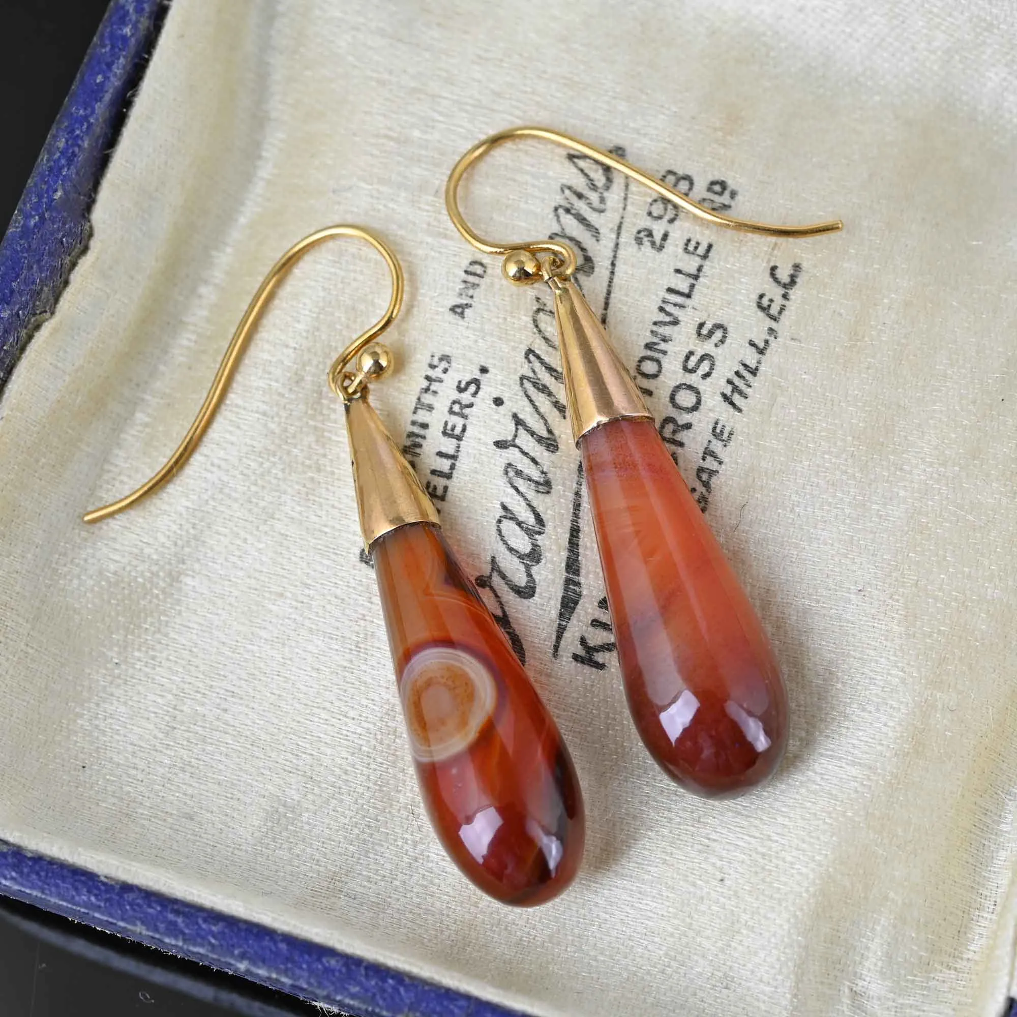 Antique Gold Banded Agate Torpedo Earrings