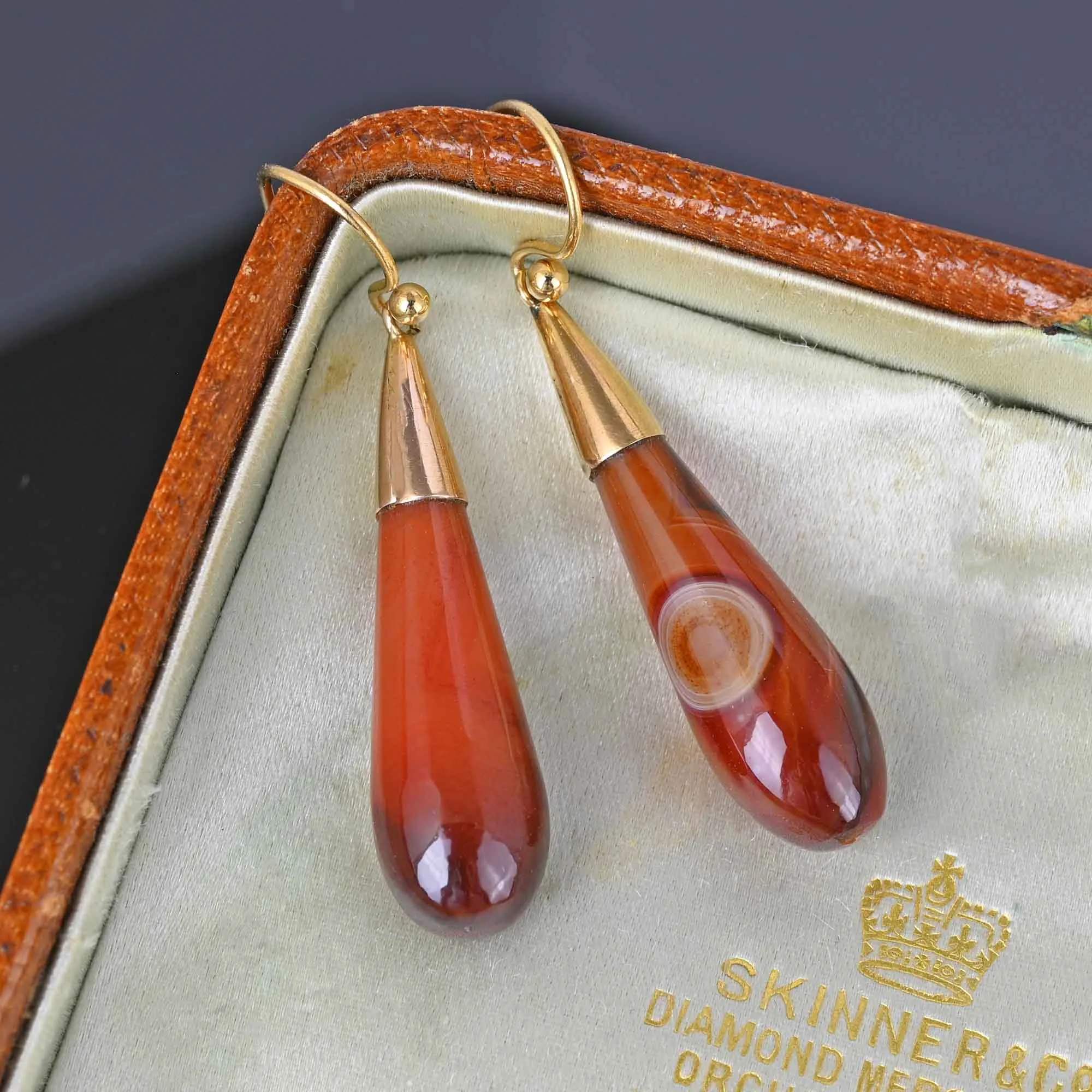 Antique Gold Banded Agate Torpedo Earrings