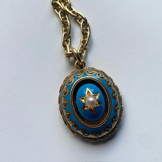 Antique Victorian 15k Turquoise Enamel Wave Locket