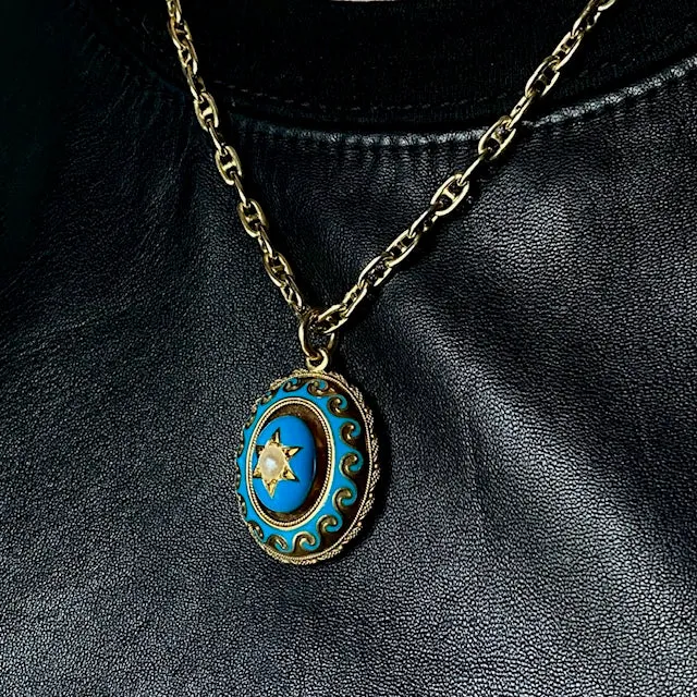 Antique Victorian 15k Turquoise Enamel Wave Locket