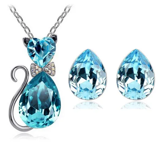 Austrian Crystal Cat Necklace & Earrings Fashion Jewelry Set