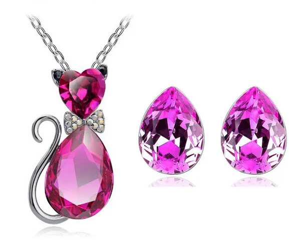 Austrian Crystal Cat Necklace & Earrings Fashion Jewelry Set