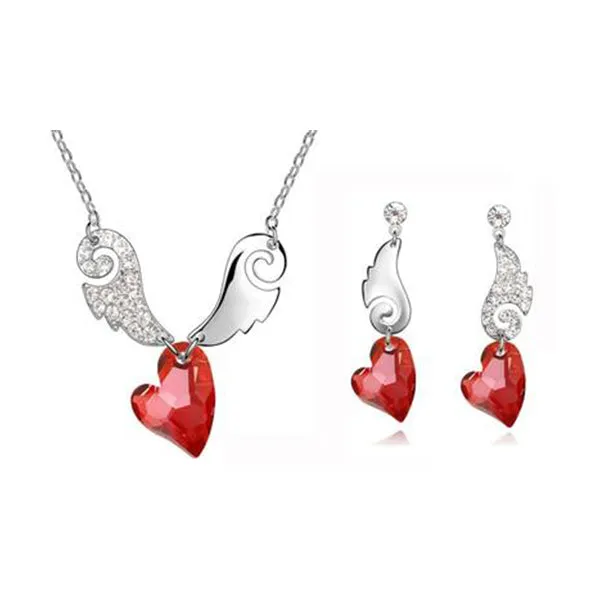 Austrian Crystal Heart and Rhinestone Angel Wings Necklace & Earrings Fashion Jewelry Set