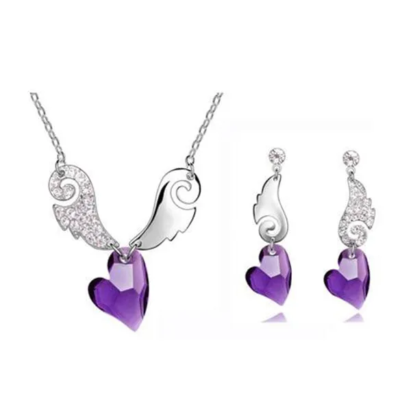 Austrian Crystal Heart and Rhinestone Angel Wings Necklace & Earrings Fashion Jewelry Set