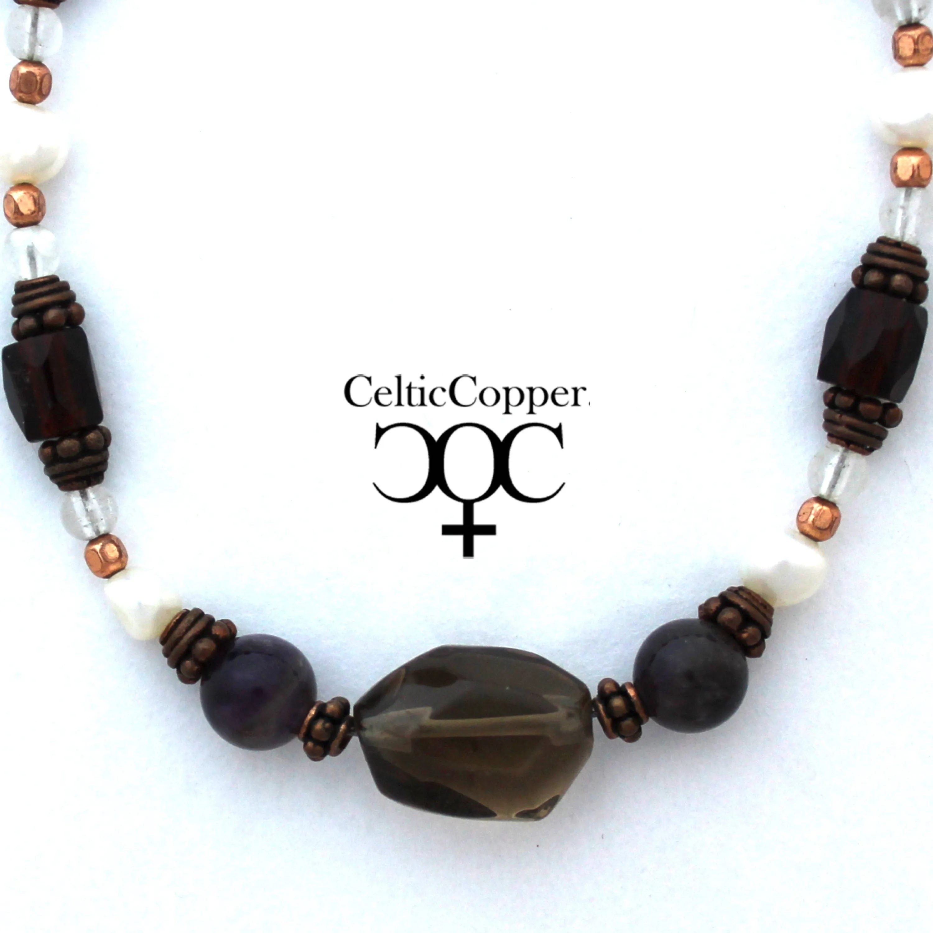 Autumn Brown Color Palette Necklace Smokey Quartz Amethyst Pearl Copper Bead Necklace