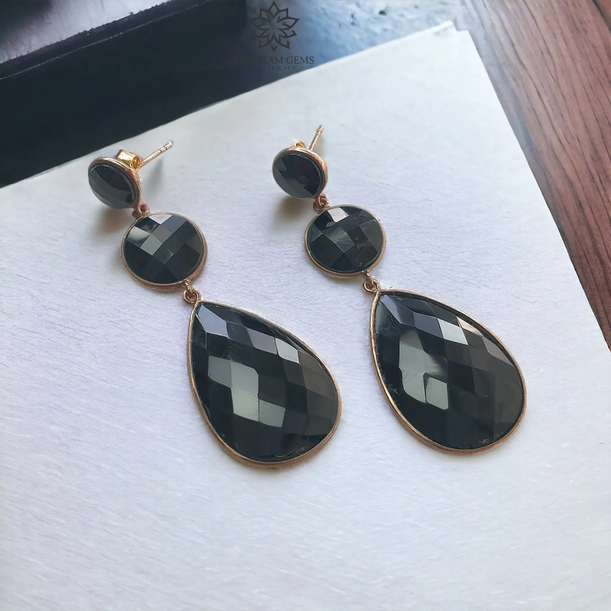 Black ONYX Gemstone With 925 Sterling Silver Earring: 12.66gms Natural Pear Round Shape Rose Gold Plated Bezel Set Push Back Earring 2.5"