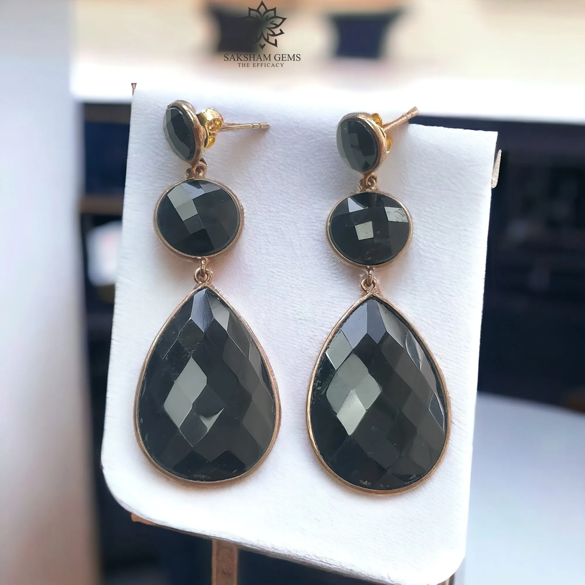 Black ONYX Gemstone With 925 Sterling Silver Earring: 12.66gms Natural Pear Round Shape Rose Gold Plated Bezel Set Push Back Earring 2.5"