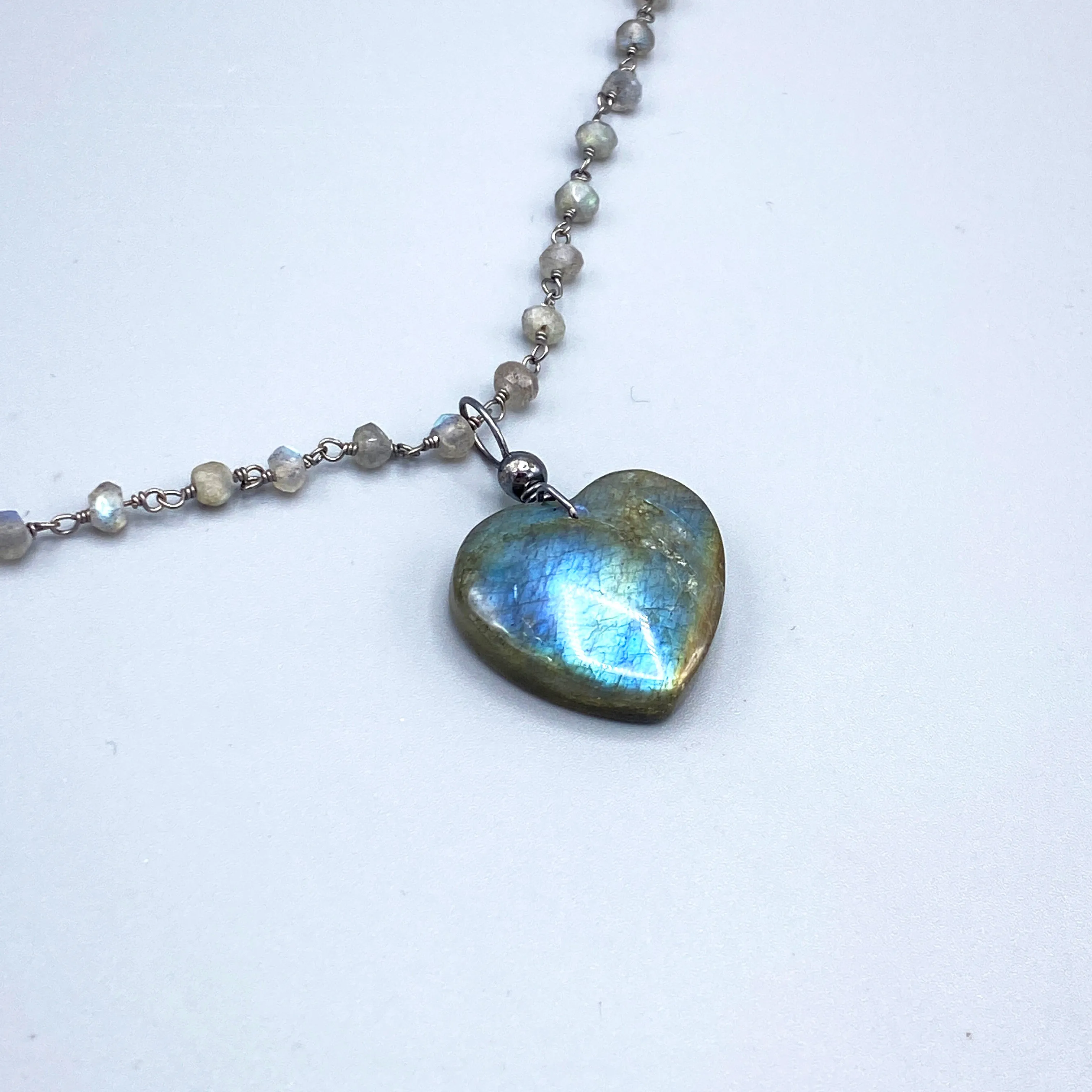 Blue Fire Labradorite Heart Pendant on Labradorite Wrapped Sterling Silver Chain