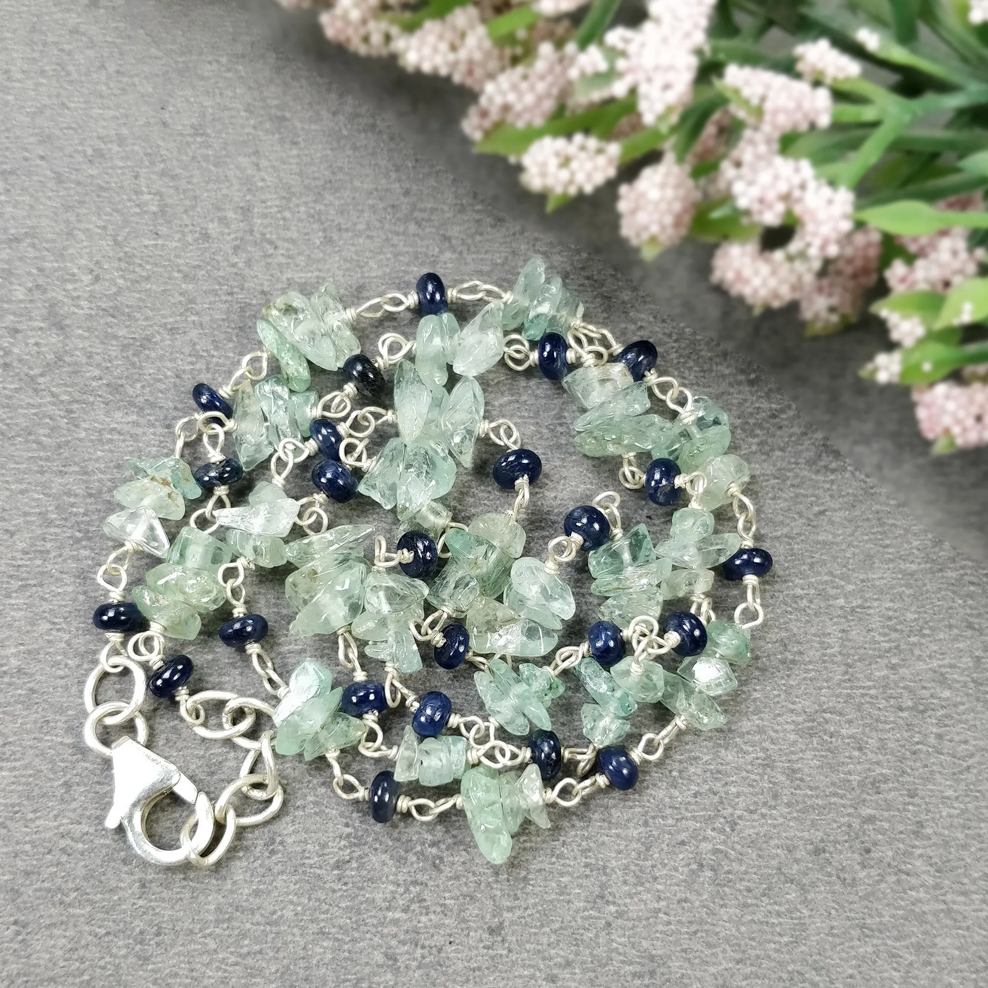 BLUE SAPPHIRE EMERALD Gemstones Raw Uncut Beads : Natural Emerald Blue Sapphire Sterling Silver Chain Necklace 16" Gift For Her