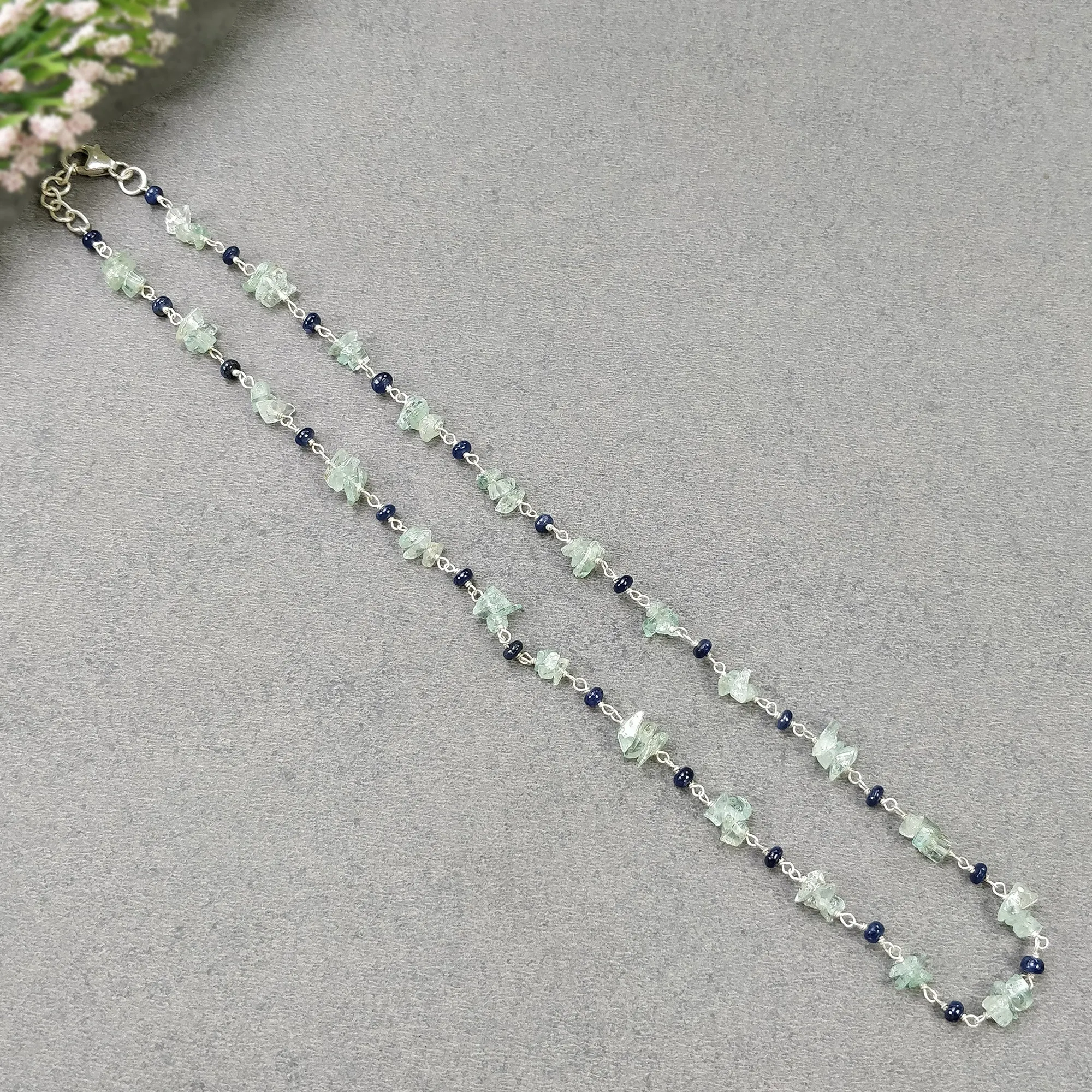 BLUE SAPPHIRE EMERALD Gemstones Raw Uncut Beads : Natural Emerald Blue Sapphire Sterling Silver Chain Necklace 16" Gift For Her