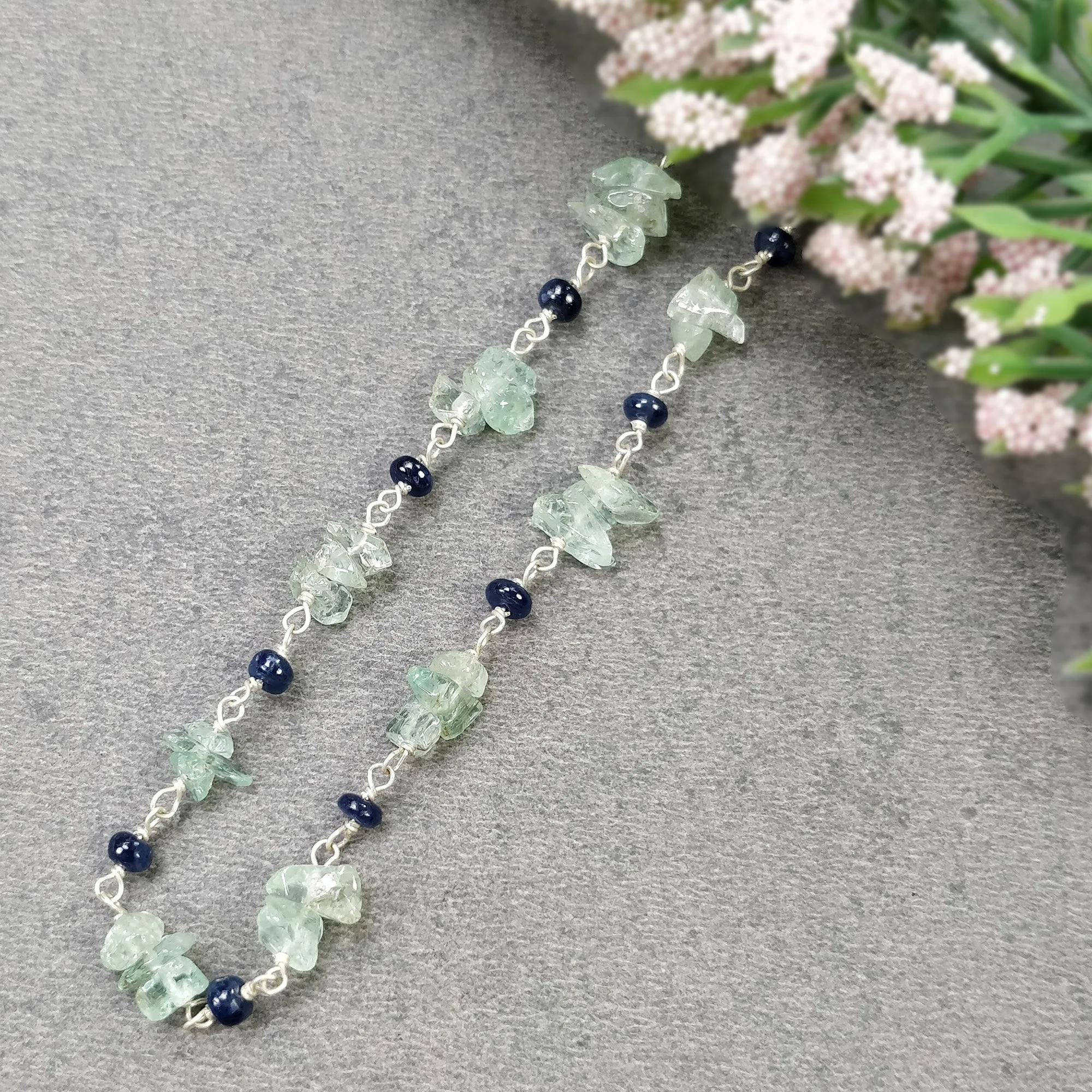 BLUE SAPPHIRE EMERALD Gemstones Raw Uncut Beads : Natural Emerald Blue Sapphire Sterling Silver Chain Necklace 16" Gift For Her