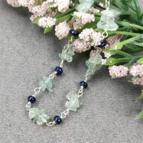 BLUE SAPPHIRE EMERALD Gemstones Raw Uncut Beads : Natural Emerald Blue Sapphire Sterling Silver Chain Necklace 16" Gift For Her